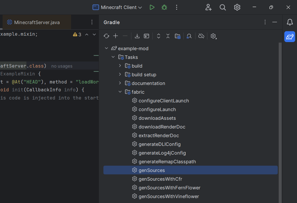 genSources-Aufgabe in der Gradle-Ansicht